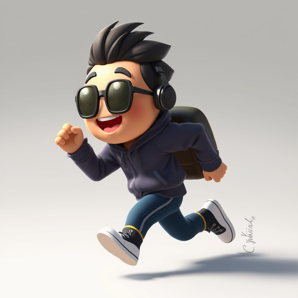 Pixar-style character in a running animation pose, matching emoji-like style